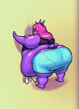 ambiguous_gender anthro belly big_butt bodily_fluids breasts butt clothed clothing dominant dominant_female duo female hair male motion_lines obese overweight purple_body rear_view short_tail simple_background size_difference smile smirk smothering standing submissive submissive_male sweat tail topwear noctoon nintendo pokemon anon shadie_(noctoon) generation_1_pokemon gengar pokemon_(species) 2021 hi_res