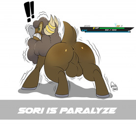 anus backsack balls butt exclamation_point feral gameplay_mechanics genitals gui health_bar horn male motion_lines paralysis perineum raised_tail rear_view shaking solo status_effect surprised tail teeth temporary_paralysis text kingbeast nintendo pokemon bouffalant bovid bovine generation_5_pokemon mammal pokemon_(species) english_text