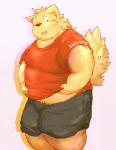 2014 anthro belly bottomwear canid canine canis clothing domestic_dog english_text humanoid_hands male mammal overweight overweight_anthro overweight_male shimm shirt shorts simple_background solo text topwear