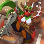 anthro biped breasts claws clothing corset duo female fingers green_eyes gun hair handgun hat headgear headwear horn lingerie male prosthetic prosthetic_limb ranged_weapon red_body revolver solo_focus tail topwear weapon drawligator matchstick_(character) human kobold mammal scalie 2025 hi_res