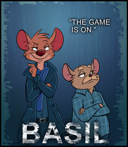 anthro belt black_border border bottomwear brown_body brown_fur clothing collared_shirt crossed_arms dress_shirt duo facial_hair fur jacket male multicolored_body multicolored_fur mustache pants scarf shirt text topwear two_tone_body two_tone_fur dutch_(artist) disney sherlock_(series) the_great_mouse_detective basil_(disney) david_dawson mammal mouse murid murine rodent 2022 digital_media_(artwork) english_text