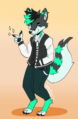 4_toes anthro aquamarine_body aquamarine_eyes barefoot black_body black_claws black_fur black_nose bottomwear claws clothed clothing digitigrade ear_piercing feet floating_eyebrows fur green_body green_fur green_hair hair hand_in_pocket jacket letterman_jacket male orange_background pants piercing pockets simple_background solo star toes topwear white_body white_fur zerauskii alexkyan_(raptorzxz) canid canine canis domestic_dog husky hybrid mammal nordic_sled_dog spitz wolf wolfdog 2025 absurd_res hi_res signature