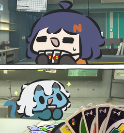 2_horns 3d_background :d accessory ahoge blue_body blue_hair blue_skin bodily_fluids card chibi dot_eyes duo eyes_closed female female_human female_humanoid hair hair_accessory hairclip horn inside nervous not_furry open_mouth open_smile playing_card simple_eyes smile spade_tail sparkles sweat sweatdrop tail white_hair superappleman asian_mythology east_asian_mythology japanese_mythology mihoyo mythology uno zenless_zone_zero belle_(zenless_zone_zero) soukaku demon demon_humanoid human humanoid mammal oni yokai 2koma comic digital_drawing_(artwork) digital_media_(artwork) hi_res photography_(artwork)