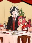 2015 3:4 acira_selvrica alcohol anthro beverage big_breasts breast_grab breasts chair cleavage clothed clothing dress duo equid equine female food furniture grope group hand_on_breast heart_symbol herald_hearth horn horse humanoid hybrid male male/female mammal necktie size_difference suit table tamyra wine