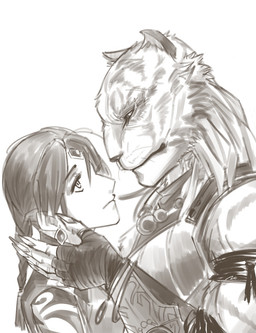 anthro armor duo female male nauteno bethesda_game_studios microsoft the_elder_scrolls the_elder_scrolls_online zerith-var felid human khajiit mammal pantherine tiger hi_res