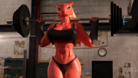 abs anthro arm_wraps big_breasts blue_eyes breasts cleavage clothed clothing exercise female gym looking_at_viewer muscular muscular_anthro muscular_female navel nipple_outline smile solo thick_thighs weightlifting weights wide_hips workout wraps snow_kitsune nintendo pokemon blaziken generation_3_pokemon pokemon_(species) 16:9 3d_(artwork) blender_(artwork) digital_media_(artwork) hi_res widescreen