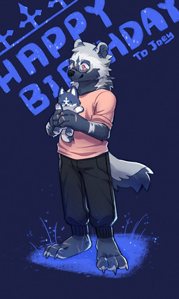 anthro barefoot black_bottomwear black_clothing black_nose black_pants blue_inner_ear bottomwear cheek_tuft closed_smile clothed clothing eyewear facial_tuft feet fur glasses glistening glistening_eyes grass grey_body grey_ears grey_fur head_tuft holding_object holding_plushie male mouth_closed neck_tuft pants pink_clothing pink_topwear plant plushie red_eyes simple_background smile solo text three-quarter_view topwear tuft unsigned white_body white_fur asnnonaka canid mammal 3:5 english_text full-length_portrait hi_res portrait