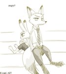 anthro barefoot bottomwear clothed clothing crossed_arms dipstick_ears duo ear_markings feet fully_clothed fur multicolored_ears necktie pants shirt sitting text topwear izumi_h27 disney zootopia judy_hopps nick_wilde canid canine fox lagomorph leporid mammal rabbit red_fox true_fox 2020 english_text