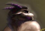 anthro ears_down eyebrows fur hair horn looking_at_viewer looking_back low-angle_view male pivoted_ears purple_eyes simple_background smoke smoke_from_mouth solo thick_eyebrows hazed01 mythology mej_(character) bovid caprine dragon goat goat_dragon mammal mythological_creature mythological_scalie scalie hi_res portrait