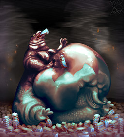 anthro belly big_belly building huge_belly macro object_vore outside overweight sitting solo vore 80sarchosaur reptile scalie 2015