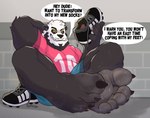 5_toes anthro bodily_fluids claws dialogue feet foot_fetish foot_focus foot_play humanoid_feet looking_at_viewer male plantigrade soles solo speech_bubble sweat sweaty_feet talking_to_viewer text toe_claws toes jozzu bear giant_panda mammal english_text hi_res