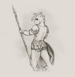 anthro armor butt butt_pose ear_piercing horn leather leather_armor looking_at_viewer looking_back male melee_weapon piercing polearm pose pteruges shield smile solo spear weapon cabura sorin_(cabura) bovid caprine goat mammal