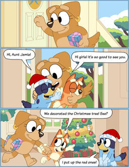 age_difference anthro black_eyes black_nose blue_body blue_fur blue_tail box brown_body brown_ears brown_fur brown_nose brown_tail christmas_clothing christmas_headwear christmas_tree clothing cloud container day dialogue door ear_piercing ear_ring exclamation_point eyelashes eyes_closed female fur gesture gift gift_box gift_wrapped greeting group hand_gesture hand_holding happy hat headgear headwear holding_gift holding_object holidays hug hugging_another inside kneeling knocking knocking_on_door lgbt_pride multicolored_body multicolored_fur multicolored_tail orange_body orange_ears orange_fur orange_tail outside piercing plant pointing question_mark red_clothing red_hat red_headwear ring_piercing santa_hat side_view smile speech_bubble tail teeth text three-quarter_view tongue tree trio two_tone_body two_tone_fur two_tone_hat two_tone_tail walking white_clothing white_hat white_headwear window yellow_body yellow_fur young young_anthro young_female younger_female omatic bluey_(series) christmas lgbt_pride_month bingo_heeler bluey_heeler fan_character jamie_(omatic) australian_cattle_dog canid canine canis cattledog domestic_dog herding_dog mammal pastoral_dog 2025 absurd_res comic digital_media_(artwork) english_text hi_res aunt_(lore) aunt_and_niece_(lore) niece_(lore) sibling_(lore) sister_(lore) sisters_(lore) trans_(lore) trans_woman_(lore)