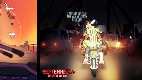 anthro blush butt car clothed clothed/nude clothing clothing_theft dialogue embarrassed embarrassing_exposure embarrassing_nudity headlight male motorcycle nude nude_male only_one_nude outdoor_nudity outside paws public public_nudity road stealing text vehicle fek bones_voncstaple marisco_calloway avian bird 16:9 comic english_text hi_res widescreen
