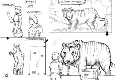 announcement bag clothing dialogue directional_arrow feral group head_tuft human_to_feral id_tag information_board locker locker_room looking_at_another looking_at_own_hand looking_at_self male monotone_background shirt sign simple_background species_transformation speech_bubble striped_body stripes tail talking_to_another text topwear transformation transformation_sequence trio tuft vivarium white_background working zoo_(facility) taitora felid human mammal pantherine tiger 2021 comic dated english_text hi_res monochrome signature sketch watermark