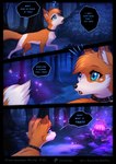blue_eyes canid canine collar comic dialogue dipstick_tail english_text female_(lore) feral forest fox fur hi_res mammal markings orange_body orange_fur outside plant rukifox solo tail tail_markings talking_feral text tree yui_(rukifox)