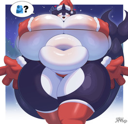 anthro areola big_breasts biped breasts clothed clothing female front_view gloves handwear huge_breasts hyper hyper_breasts legwear multicolored_body nipple_outline red_clothing red_gloves red_handwear red_legwear red_thigh_highs santa_hair solo tail thick_thighs thigh_highs white_body ian_(artist) cetacean dolphin mammal marine oceanic_dolphin orca toothed_whale absurd_res hi_res