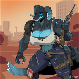 angry anthro armor belt big_breasts blue_eyes breaking_weapon breasts claws clothed clothing desert eye_patch eyewear female fingerless_gloves frown gloves glowing glowing_breasts glowing_eyes gun handwear horn looking_at_viewer muscular muscular_female ranged_weapon rifle scowl shirt solo tank_top topwear weapon mainlinemojo fallout microsoft mirva_(beatleboy62) deathclaw quantum_deathclaw scalie 2024 absurd_res hi_res