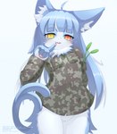 5_fingers ahoge anthro biped blue_body blue_ears blue_fur blue_hair blue_inner_ear blue_tail bottomless bottomless_anthro bottomless_female brown_clothing brown_shirt brown_topwear camo camo_clothing camo_print camo_topwear cat_teaser cat_toy clothed clothing countershade_face countershade_fur countershade_hands countershade_legs countershading eyelashes featureless_crotch female female_anthro fingerpads fingers flat_chested forked_tail front_view fur glistening glistening_eyes glistening_hair hair heterochromia hip_tuft humanoid_hands inner_ear_fluff kemono long_hair looking_at_viewer monotone_hair monotone_tail multicolored_body multicolored_fur neck_tuft pattern_clothing pattern_topwear pawpads pink_nose pink_pawpads pupils red_eyes shirt simple_background slit_pupils solo standing tail text topwear tuft two_tone_body two_tone_fur unusual_anatomy unusual_tail white_background white_body white_countershading white_fur white_inner_ear_fluff yellow_eyes kamishiro_kuina japan_air_self-defense_force omaneko_(jasdf) domestic_cat felid feline felis mammal 2023 absurd_res colored digital_drawing_(artwork) digital_media_(artwork) hi_res japanese_text portrait shaded three-quarter_portrait male_(lore)