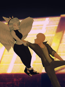 abstract_background amber_eyes anthro bald black_bottomwear black_clothing black_footwear black_pants black_shoes black_sneakers bone_frill bottomwear claws clothing denim denim_bottomwear denim_clothing duo eyelashes feathered_wings feathers female finger_claws flying footwear frill_(anatomy) green_clothing green_jacket green_topwear grey_body grey_hair grey_scales hair halter_top jacket jeans light-skinned_male light_body light_skin long_hair male male/female medium_tail midriff pants scales shoes sleeveless_clothing smile topwear wings autumnsnoise cavemanon_studios goodbye_volcano_high ko_op_(game_developer) snoot_game anon_(snoot_game) fang_(gvh) human mammal prehistoric_species pterodactylus pterosaur reptile scalie 2024 digital_drawing_(artwork) digital_media_(artwork) hi_res