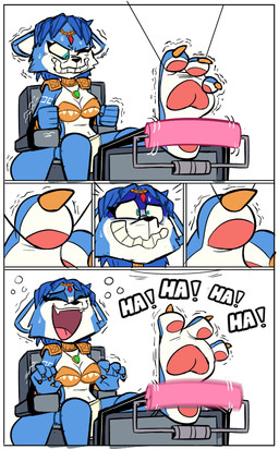 4_toes anthro blue_body breasts feet female laugh open_mouth pawpads soles text tickling tickling_feet toes yourhardnerdcollector nintendo star_fox krystal_(star_fox) canid canine fox mammal absurd_res comic hi_res