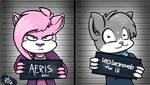 aeris_(vg_cats) anthro barbie_and_ken_mugshot_meme claws clothing domestic_cat duo ear_tuft ears_down felid feline felis female glare glaring_at_viewer jacket leo_(vg_cats) looking_at_viewer male mammal mugshot photo pivoted_ears scarf single_tooth smile str8aura-no-not-that-one teeth topwear tuft vg_cats