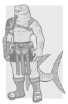 5_fingers 5_toes anthro armor clothing feet fingerless_gloves fingers footwear gloves handwear male muscular nipples open_mouth plantigrade sandals sharp_teeth shoes smile solo standing teeth toes warrior snarkysardine fish marine xiphactinus 2019 absurd_res full-length_portrait hi_res portrait