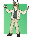 anthro bottomwear claws clothing confident countershade_face countershading eyewear footwear fur hands_in_air headgear headwear jacket male pants pawpads shirt shoes solo sunglasses sunglasses_on_face tan_body tan_fur topwear windbreaker ricky_arts felid feline lynx mammal absurd_res hi_res