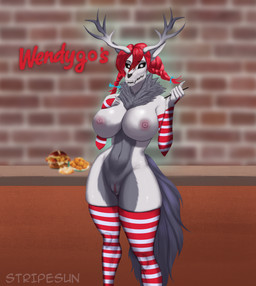 anthro antlers arm_warmers armwear big_breasts biped bone breasts clothing countershade_torso countershading female female_anthro food fur genitals gloves grey_body grey_fur hair handwear holding_object horn legwear looking_at_viewer neck_tuft nipples nude nude_anthro nude_female pattern_armwear pattern_clothing pattern_legwear pattern_stockings restaurant skull skull_head solo standing stockings striped_armwear striped_clothing striped_legwear striped_stockings stripes tail text thick_thighs thigh_highs three-quarter_view tuft vulva waiter white_body white_fur wide_hips sunstripe american_mythology indigenous_north_american_mythology mythology north_american_mythology wendy's cryptid wendigo artist_name digital_media_(artwork) digital_painting_(artwork) english_text hi_res painting_(artwork) portrait shaded soft_shading three-quarter_portrait