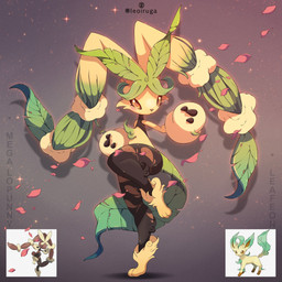 ambiguous_gender anthro brown_sclera feral fur multicolored_body orange_eyes paws petals plant raised_leg simple_background solo tail yellow_body yellow_fur leoiruga nintendo pokemon eeveelution elemental_creature flora_fauna generation_4_pokemon generation_6_pokemon hybrid lagomorph leafeon mammal mega_evolution mega_lopunny pokemon_(species) 1:1 2025 hi_res multiple_images reference_image signature