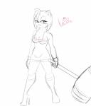 anthro biped boots breasts cleavage clothed clothing dress female footwear hair half-closed_eyes hammer high_heels looking_at_viewer melee_weapon narrowed_eyes piko_piko_hammer shoes simple_background solo tools weapon white_background kiddeathx_(artist) sega sonic_the_hedgehog_(series) amy_rose eulipotyphlan hedgehog mammal absurd_res black_and_white hi_res monochrome