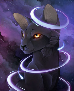ambiguous_gender black_body black_fur black_nose cosmic_background feral fur sitting solo maplespyder warriors_(book_series) eclipse_(maplespyder) fan_character domestic_cat felid feline felis mammal 2015 digital_media_(artwork) digital_painting_(artwork) painting_(artwork) shaded soft_shading