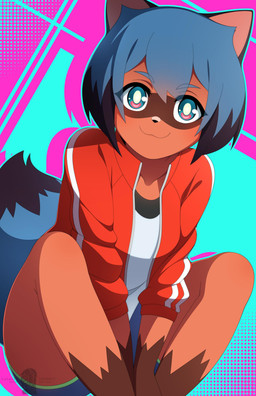 abstract_background anthro black_body black_fur black_hair black_nose blue_body blue_eyes blue_fur blue_hair bottomwear brown_body brown_fur clothed clothing facial_markings female fluffy fluffy_tail fur gloves_(marking) hair head_markings jacket leg_markings looking_at_viewer markings mask_(marking) multicolored_body multicolored_fur multicolored_hair shorts sitting smile socks_(marking) solo tail topwear translucent translucent_hair iryanic brand_new_animal studio_trigger michiru_kagemori canid canine mammal raccoon_dog tanuki absurd_res hi_res portrait three-quarter_portrait unavailable_at_source