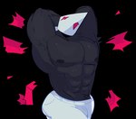 anthro black_body black_feathers bottomwear clothing feathers flexing flexing_muscles male mask muscular muscular_anthro muscular_male pants pose solo torn_clothing white_bottomwear white_clothing white_pants skomnk deltarune undertale_(series) avian bird darkner swatchling hi_res