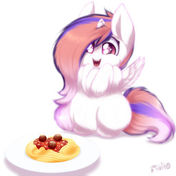 1_horn dish female female_feral feral food fur hair happy horn meatball multicolored_hair open_mouth pasta pink_body pink_eyes pink_fur pink_hair pink_tail purple_hair purple_tail simple_background sitting solo spaghetti sparkles sparkling_eyes tail teeth text two_tone_hair two_tone_tail white_background wings young young_female young_feral f0rever13 fluffy_pony mythology brisy equid equine fluffy_pony_(species) mammal mythological_creature mythological_equine winged_unicorn 1:1 2024 artist_name digital_media_(artwork) hi_res shaded