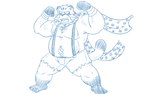 anthro belly bottomwear clothing humanoid_hands kemono male moobs musclegut muscular overweight overweight_male shorts simple_background solo suspenders white_background oogamikennta mammal 16:10 2024 blue_and_white monochrome widescreen