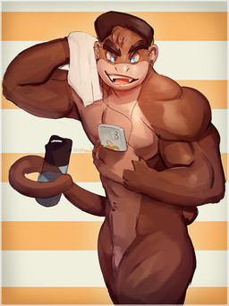 anthro biceps blue_eyes brown_body brown_fur cellphone clothing ear_piercing ear_ring electronics fangs fur hat headgear headwear male muscular muscular_anthro muscular_male nude open_mouth phone piercing prehensile_tail ring_piercing smartphone solo tail teeth towel sleepymute haplorhine mammal monkey primate hi_res