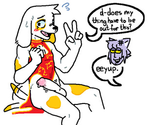 anthro asian_clothing blush bodily_fluids chinese_clothing chinese_dress clothed clothing crossdressing crossdressing_male dialogue dress duo east_asian_clothing embarrassed flustered fur genitals gesture half-erect hand_gesture male markings penis solo_focus spots spotted_body spotted_fur sweat sweatdrop tail tail_motion tailwag v_sign nxpnt miu_(nxpnt) willy_pupper canid canine canis domestic_cat domestic_dog felid feline felis mammal 2025