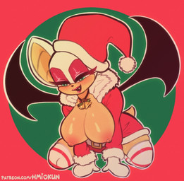 anthro big_breasts breasts christmas_clothing christmas_headwear clothed clothing costume eyelashes female hat headgear headwear holidays kneeling legwear nipples outline santa_costume santa_hat smile solo tail thick_thighs thigh_highs topless white_outline wide_hips wings hmiokun christmas sega sonic_the_hedgehog_(series) rouge_the_bat bat mammal