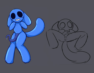 anthro anus black_eyes blue_body crotch_tentacles empty_eyes genitals grey_background grin male penis simple_background smile solo tentacles techn0philia bunny_maloney jean_francois alien