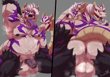 2_heads anthro anus armpit_hair balls barazoku body_hair butt flaccid foreskin fur genitals hair horn humanoid_genitalia humanoid_penis living_tail male multi_head musk nipples nude overweight penis slightly_chubby snake_tail solo tail tongue tongue_out unusual_anatomy unusual_tail white_body asado bear chimera demon mammal polar_bear reptile scalie snake ursine absurd_res hi_res