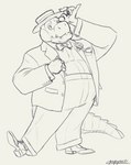 anthro belly boater_hat bottomwear boutonniere bow_tie classy clothing coat cuff_links cuffs_(clothing) dress_shirt dress_shoes gentleman hat headgear headwear male overweight overweight_anthro overweight_male pants pocket_square raised_foot shirt smile solo suit suspenders tail teeth tipping_hat topwear papyreit crocodile crocodilian reptile scalie hi_res