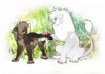 abstract_background blue_eyes brown_body brown_fur claws duo feral flower fur hair paws pink_nose plant smile water_lily white_body white_fur white_hair rikitoka felid lion mammal pantherine prehistoric_species saber-toothed_tiger