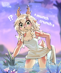anthro blush breasts cleavage clothed clothing eating female female_anthro flower fur green_eyes hair interrobang looking_at_viewer multicolored_body multicolored_fur onomatopoeia partially_submerged plant solo sound_effects tail tan_body tan_fur text two_tone_body two_tone_fur water white_body white_fur white_hair buup laurel_(buup) deer elemental_creature flora_fauna mammal 2025 absurd_res digital_media_(artwork) hi_res