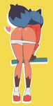anthro bent_over biped blue_hair bottomless brown_body brown_fur bubble_butt butt butt_focus clothed clothing dipstick_tail female footwear fur genitals glistening glistening_butt gloves_(marking) hair heart_symbol jacket leg_markings looking_away markings multicolored_hair orange_body outline panties panties_down partially_clothed presenting presenting_hindquarters presenting_pussy pussy raised_tail rear_view shoes simple_background sneakers socks_(marking) solo tail tail_markings topwear two_tone_hair underwear underwear_down white_clothing white_outline white_panties white_underwear yellow_background nekocream brand_new_animal studio_trigger michiru_kagemori canid canine mammal raccoon_dog tanuki 2025 digital_media_(artwork) hi_res