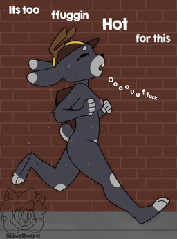 anthro antlers backpack bodily_fluids breasts clothing exhibitionism eyes_closed fur grey_body grey_fur hat headgear headwear horn nipples nude outside profanity public public_nudity running side_boob solo streaking sweat sweatdrop tail text lupopossum oliver_(lupopossum) jackalope lagomorph mammal absurd_res english_text hi_res trans_(lore) trans_man_(lore)