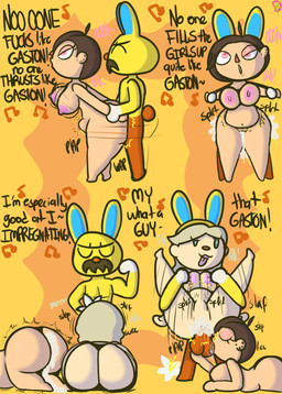 abdominal_bulge ahegao ambiguous_penetration anthro anthro_penetrating anthro_penetrating_human arm_grab arm_pull ball_lick balls big_butt bodily_fluids bouncing_breasts breasts bubble_butt butt cum cum_inflation cum_inside dialogue female ffm_threesome from_behind_position full_nelson genital_fluids genitals group group_sex heart_eyes heart_symbol human_on_anthro human_penetrated inflation interspecies licking looking_pleasured male male/female nipples oral penetration prison_guard_position sex spread_legs spreading standing standing_sex text threesome tongue tongue_out trio vaginal vaginal_penetration klutzatdusk animal_crossing nintendo gaston_(animal_crossing) villager_(animal_crossing) human lagomorph leporid mammal rabbit comic english_text hi_res