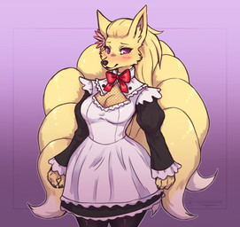 accessory alternative_fashion anthro biped black_clothing black_legwear blonde_hair blush breasts cleavage clothed clothing curvy_figure dipstick_tail eyebrows eyelashes female fishnet_clothing flower flower_in_hair fully_clothed fur goth gothic_lolita gradient_background hair hair_accessory hourglass_figure j-fashion legwear lolita_(fashion) long_hair long_sleeves looking_at_viewer maid_uniform markings multi_tail plant simple_background snout solo standing tail tail_markings tan_body tan_fur text uniform white_tail_tip conditional_dnp puddingpaw nintendo pokemon akira_solian canid canine generation_1_pokemon mammal ninetales pokemon_(species) 2024 artist_name dated digital_media_(artwork) hi_res portrait shaded three-quarter_portrait