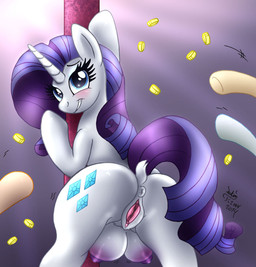anthro anus blue_eyes blush butt cutie_mark dancing dock_(anatomy) eyelashes female fur genitals group hair horn money pole pole_dancing purple_hair smile strip_club stripper stripper_pole tail teats tipping vulva white_body white_fur joakaha friendship_is_magic hasbro my_little_pony mythology rarity_(mlp) equid equine mammal mythological_creature mythological_equine unicorn 2014 hi_res