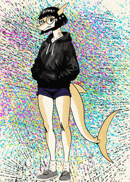 anthro bangs black_clothing black_hair black_hoodie black_topwear bottomwear clothed clothed_female clothing eyewear female fin footwear fully_clothed fully_clothed_female gills glasses hair hand_in_pocket hoodie hotpants looking_at_viewer pockets round_glasses shoes shorts sneakers socks solo tail tail_fin topwear wearing_glasses yellow_body yellow_skin hoodbiology sasha_(hoodbiology) aquatic fish shark absurd_res hi_res